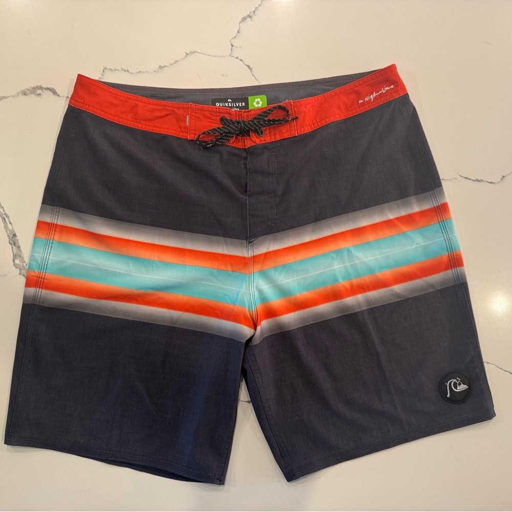 Quiksilver Men’s Charcoal Gray, Orange & Aqua Striped Board Shorts